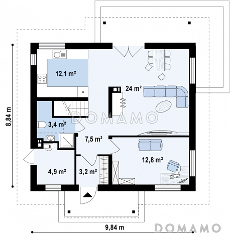 Проект компактного мансардного дома из газобетона с угловой террасой и окнами с французским балконом / План 1 этажа Проект компактного мансардного дома из газобетона с угловой террасой и окнами с французским балконом / План 1 этажа