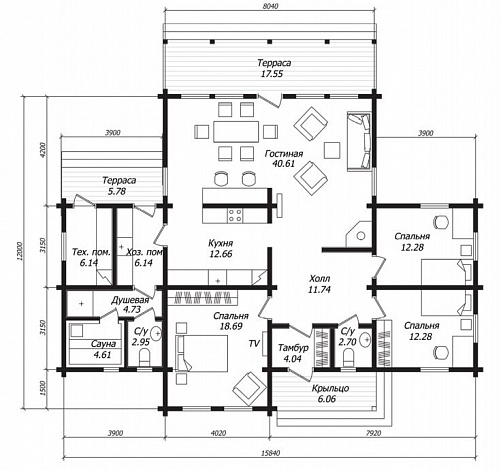 Проект одноэтажного дома из бруса с тремя спальнями и сауной / План 1 этажа