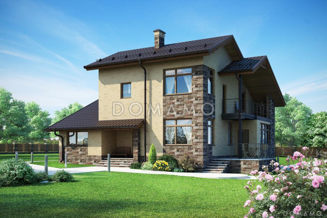 Проект загородного дома с открытой террасой, сауной и душевой, гостиной с камином / 1