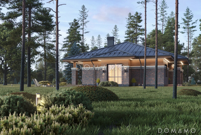 Проект каркасного дома в стиле Райта с тремя спальнями и просторной столовой-гостиной