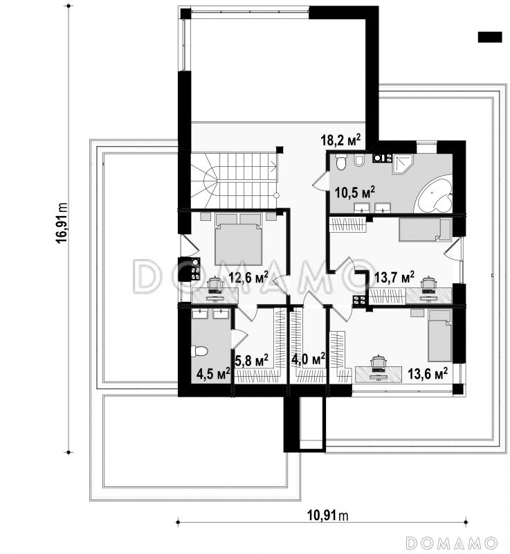 Проект большого современного двухэтажного дома из газобетона с большой площадью остекления, гаражом и просторными террасами на обоих уровнях / План 2 этажа