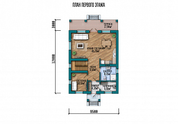 Проект двухэтажного дома с 4 спальнями, кабинетом, просторной кухней-гостиной и длинной крытой террасой / План 1 этажа Проект двухэтажного дома с 4 спальнями, кабинетом, просторной кухней-гостиной и длинной крытой террасой / План 1 этажа