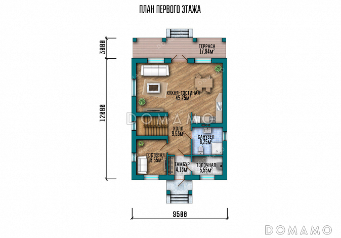 Проект двухэтажного дома с 4 спальнями, кабинетом, просторной кухней-гостиной и длинной крытой террасой / План 1 этажа Проект двухэтажного дома с 4 спальнями, кабинетом, просторной кухней-гостиной и длинной крытой террасой / План 1 этажа