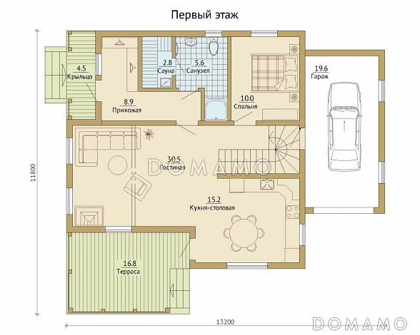 Проект каркасного дома с гаражом для одной машины / План 1 этажа