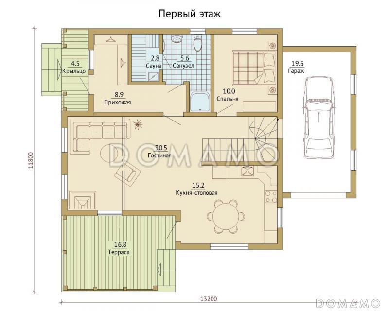 Проект каркасного дома с гаражом для одной машины / План 1 этажа