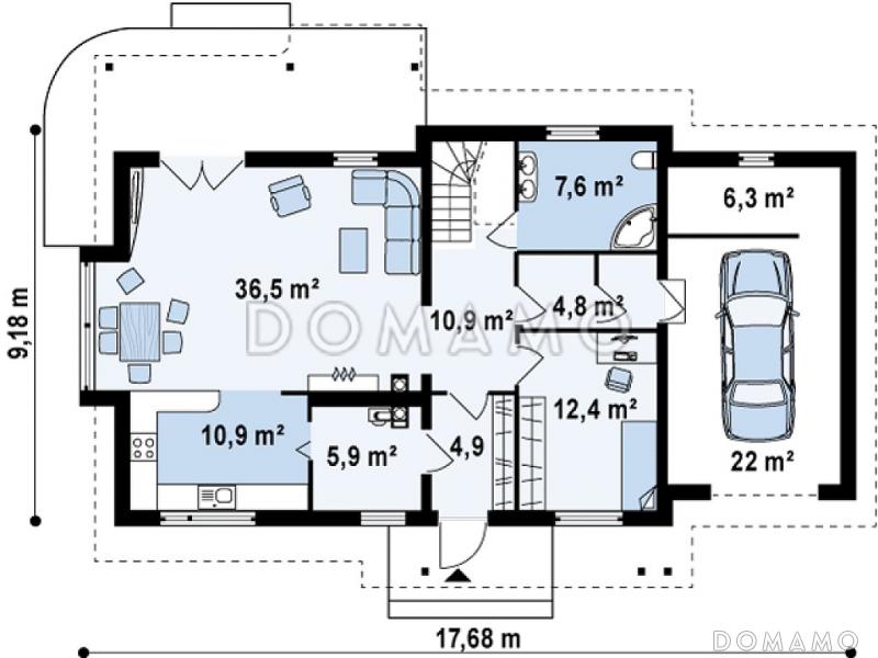 Проект одноэтажного мансардного дома из газобетона с четырьмя спальнями, эркером и гаражом / План 1 этажа