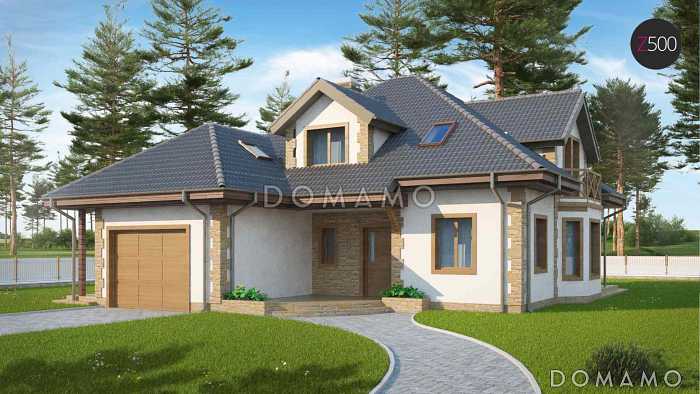 Проект просторного одноэтажного мансардного дома из кирпича с кабинетом, эркером, балконом и гаражом