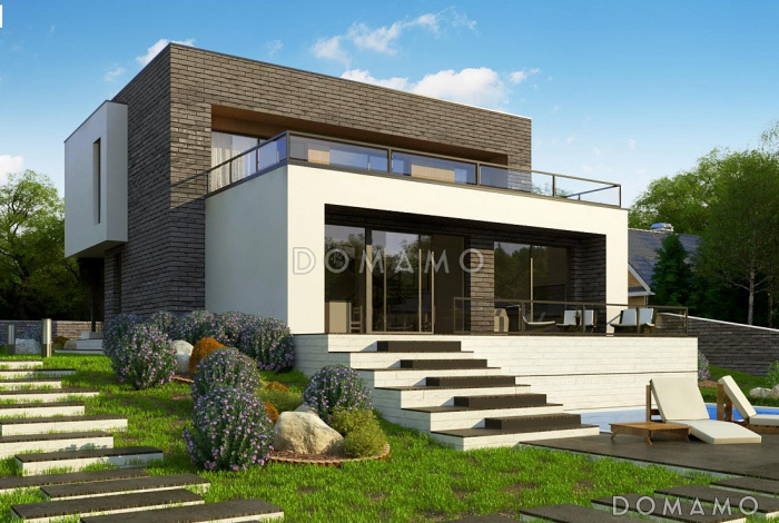 Проект современного двухэтажного дома из кирпича с плоской крышей, с четырьмя комнатами, гаражом и террасами на двух уровнях Проект современного двухэтажного дома из кирпича с плоской крышей, с четырьмя комнатами, гаражом и террасами на двух уровнях