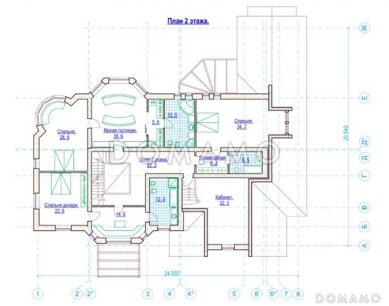 Проект солидного коттеджа с гаражом, сауной и тренажёрным залом / План 2 этажа