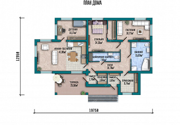 Проект одноэтажного дома с террасой, окнами в пол, 3 спальнями и кухней-гостиной / План 1 этажа