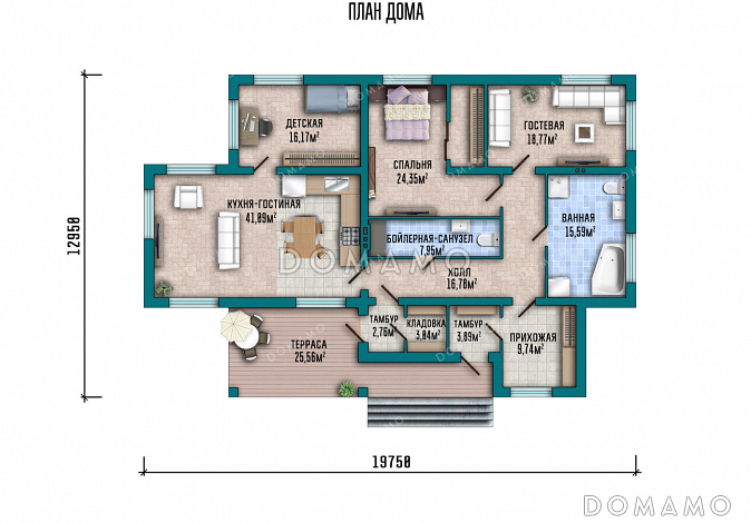 Проект одноэтажного дома с террасой, окнами в пол, 3 спальнями и кухней-гостиной / План 1 этажа