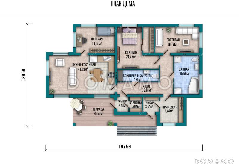 Проект одноэтажного дома с террасой, окнами в пол, 3 спальнями и кухней-гостиной / План 1 этажа