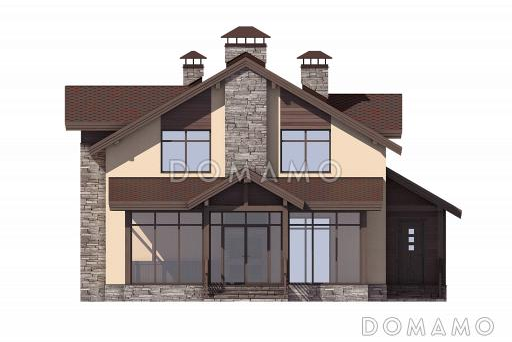 Проект дома с верандой c барбекю, кладовой под лестницей, парной и душевой, кабинетом и спальнями на мансардном этаже / Фасад 1