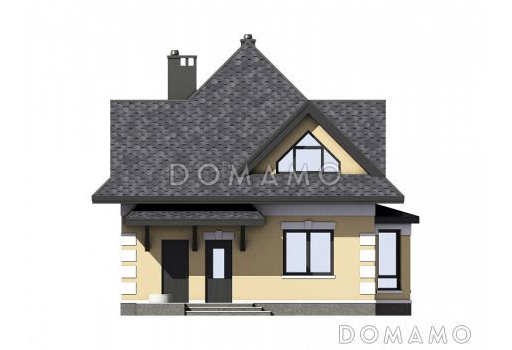 Проект одноэтажного мансардного дома из газобетона с тремя спальнями, кабинетом, эркером и крытой террасой / Фасад 1