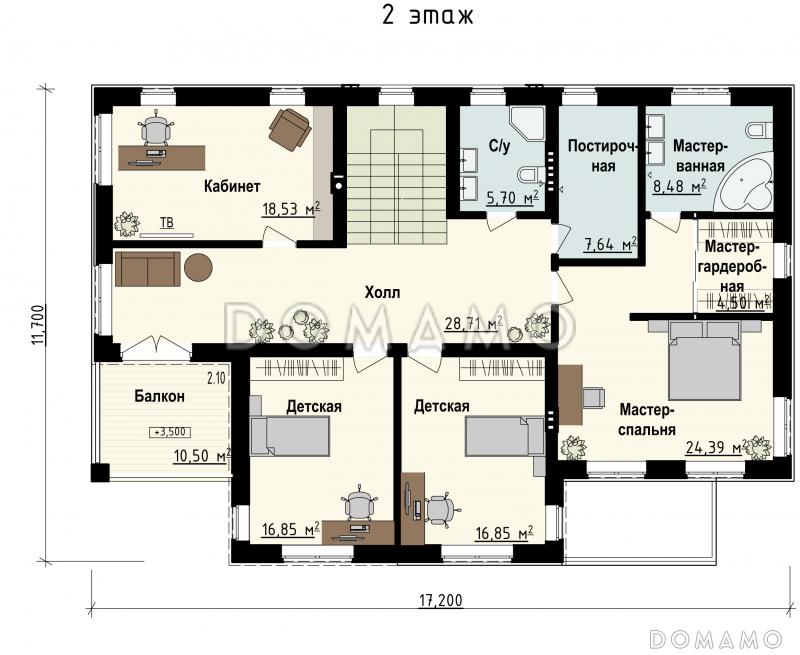 Проект загородного дома с террасой, кладовой в кухне, балконом, детскими комнатами и кабинетом / План 2 этажа