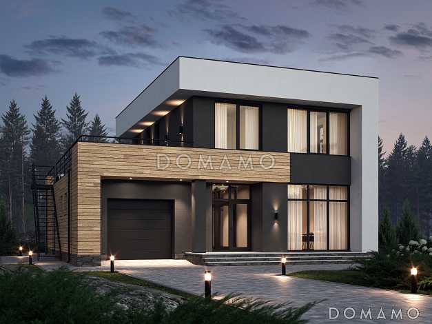 Проект двухэтажного дома с тремя спальнями, гаражом и эксплуатируемой кровлей