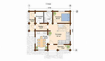 Проект дома из клееного бруса с санузлом на первом и втором этаже / План 1 этажа Проект дома из клееного бруса с санузлом на первом и втором этаже / План 1 этажа