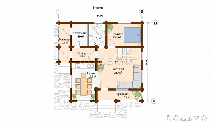 Проект дома из клееного бруса с санузлом на первом и втором этаже / План 1 этажа Проект дома из клееного бруса с санузлом на первом и втором этаже / План 1 этажа