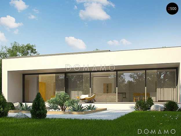 Проект современного одноэтажного дома из кирпича с плоской крышей, большой площадью остекления, с тремя спальнями и большим гаражом