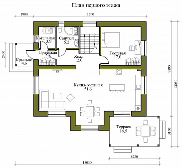 Проект двухэтажного кирпичного дома со вторым светом и детской на втором этаже / План 1 этажа Проект двухэтажного кирпичного дома со вторым светом и детской на втором этаже / План 1 этажа