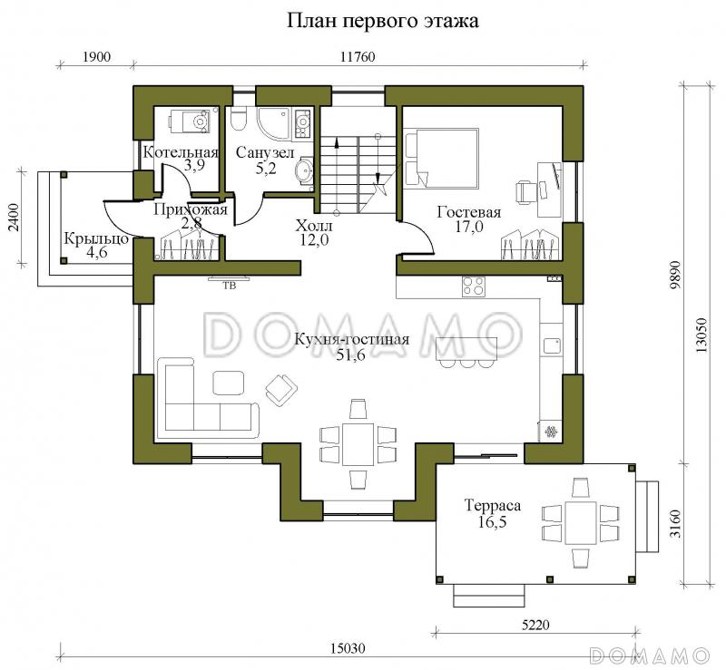 Проект двухэтажного кирпичного дома со вторым светом и детской на втором этаже / План 1 этажа