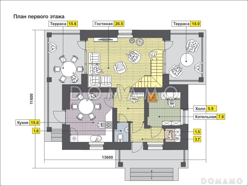 Проект частного дома в европейском стиле, с двумя террасами, мансардными окнами, простой функциональной планировкой / План 1 этажа