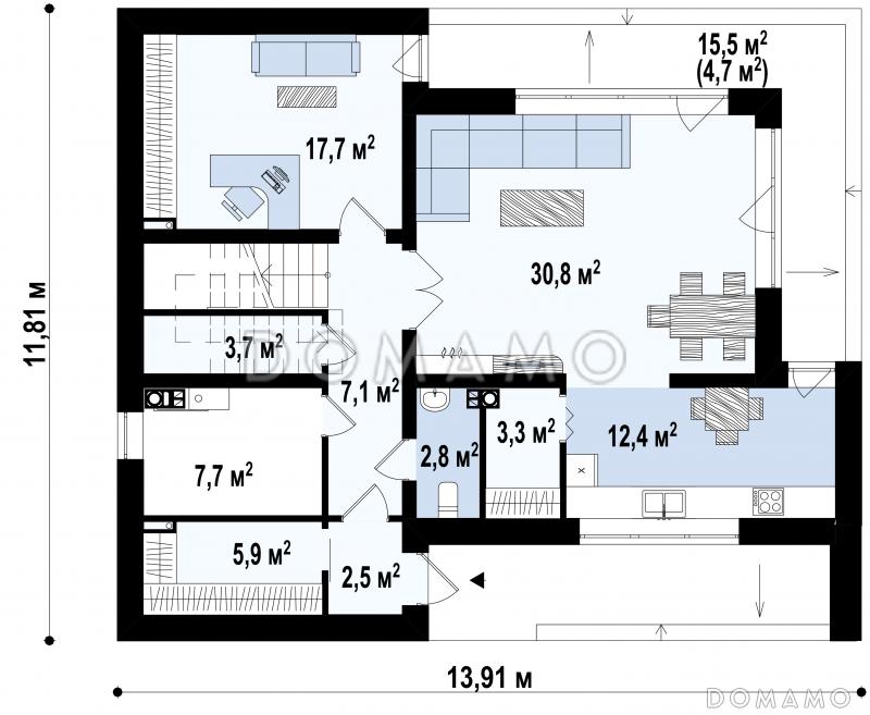 Проект современного двухэтажного дома из кирпича с плоской крышей, четырьмя комнатами и двумя лоджиями / План 1 этажа