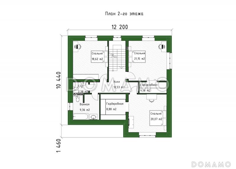 Проект двухэтажного дома из газобетона с террасой, кабинетом и 3 спальнями / План 2 этажа