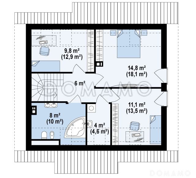 Проект компактного мансардного дома из кирпича с угловой террасой и окнами с французским балконом / План мансардного этажа