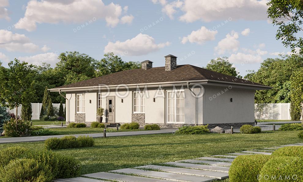 Проект Г-образного одноэтажного дома с крытой входной группой, простой вальмовой кровлей и просторной кухней-гостиной / 3