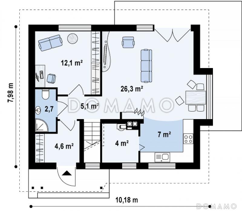 Проект небольшого одноэтажного мансардного дома из газобетона с дополнительной комнатой на первом этаже и эркером / План 1 этажа