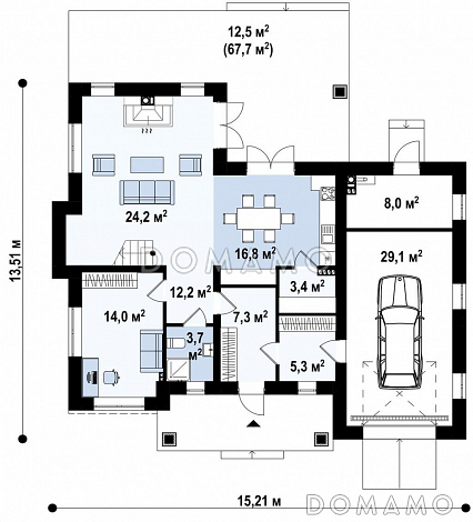 Проект двухэтажного дома из кирпича с четырьмя спальнями и гаражом, адаптированный для строительства в сейсмоопасных районах  / План 1 этажа