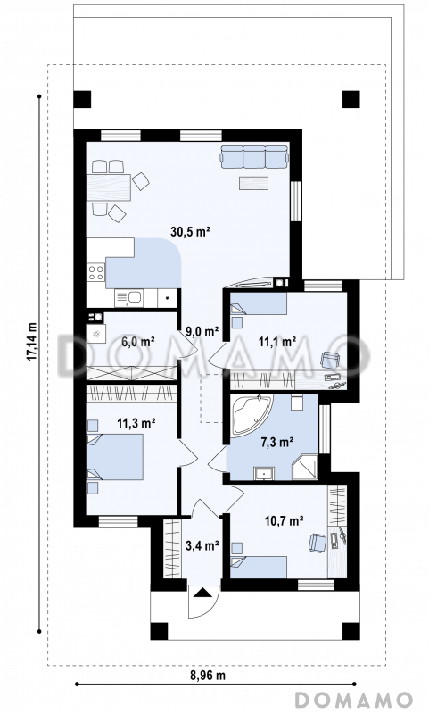 Проект простого комфортного одноэтажного дома из газобетона с тремя спальнями / План 1 этажа