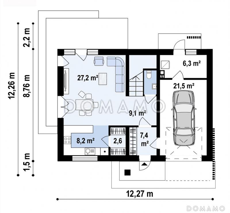Проект загородного дома с гаражом, кладовой на кухне, мастер-спальней в мансарде / План 1 этажа
