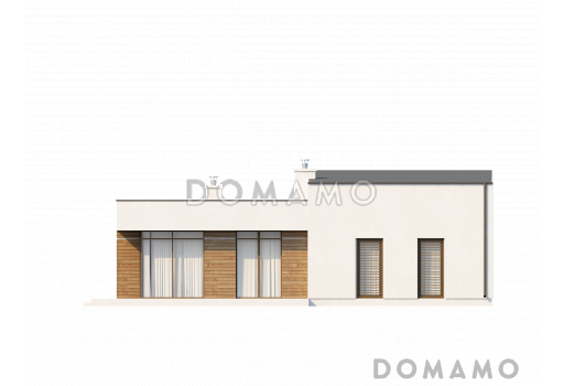 Проект современного одноэтажного дома с плоской крышей из газобетона с тремя спальнями и панорамным остеклением гостиной  / Фасад 2