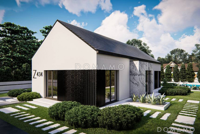 Проект одноэтажного дома с продуманной планировкой, эркером, навесом, объединенной кухней и гостиной Проект одноэтажного дома с продуманной планировкой, эркером, навесом, объединенной кухней и гостиной