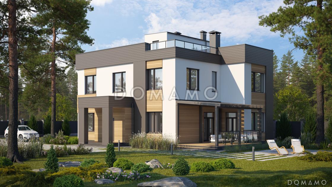 Проект дома в современном стиле с террасой, спортзалом, кухней-столовой с кладовой / 1