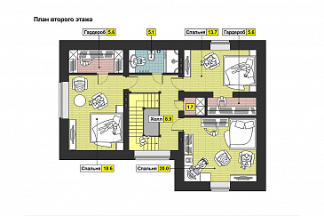 Проект загородного дома с тремя спальнями на мансардном этаже, круглым окном, гаражом на одну машину / План мансардного этажа Проект загородного дома с тремя спальнями на мансардном этаже, круглым окном, гаражом на одну машину / План мансардного этажа