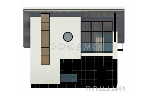 Загородный дом из СИП панелей с односкатной крышей, круглым окном, крытой террасой и вторым светом / Фасад 3