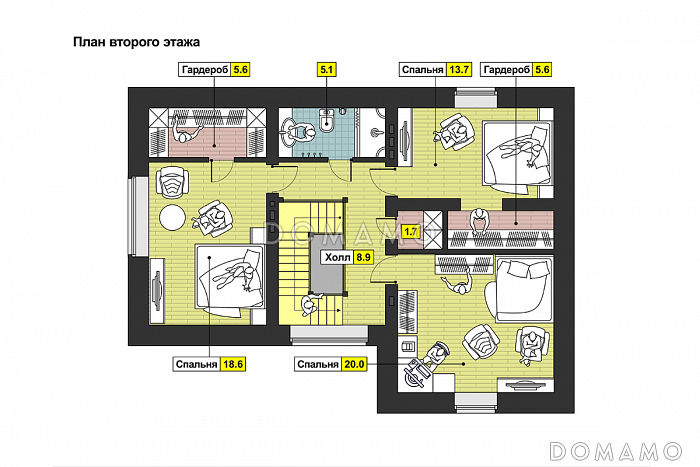Проект загородного дома с тремя спальнями на мансардном этаже, круглым окном, гаражом на одну машину / План мансардного этажа Проект загородного дома с тремя спальнями на мансардном этаже, круглым окном, гаражом на одну машину / План мансардного этажа