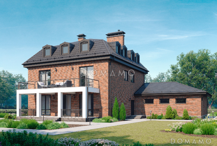 Проект дома с гаражом на две машины, сауной, спальнями на втором этаже с выходом на террасу Проект дома с гаражом на две машины, сауной, спальнями на втором этаже с выходом на террасу