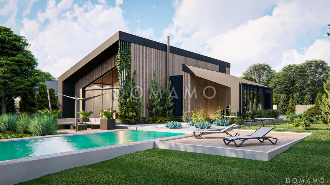 Проект загородного дома с косой крышей, навесом для машины, столовой, гостиной / 1