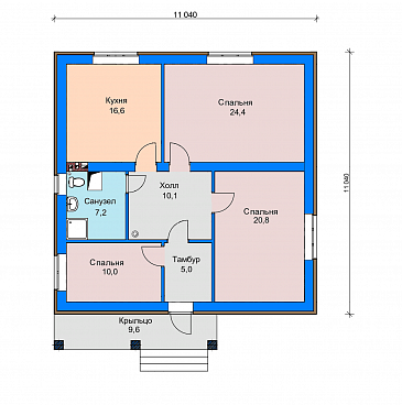 Проект дома с крытым крыльцом, изолированной кухней, тремя спальнями и санузлом с окном / План 1 этажа Проект дома с крытым крыльцом, изолированной кухней, тремя спальнями и санузлом с окном / План 1 этажа