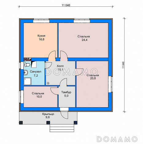 Проект дома с крытым крыльцом, изолированной кухней, тремя спальнями и санузлом с окном / План 1 этажа Проект дома с крытым крыльцом, изолированной кухней, тремя спальнями и санузлом с окном / План 1 этажа