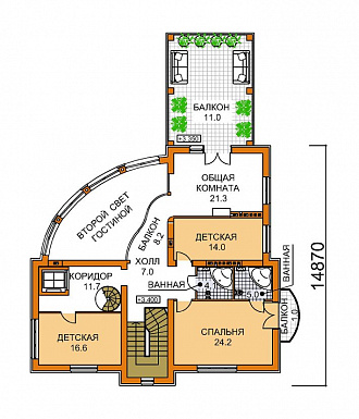 Проект четырехэтажного дома с необычной формой в плане, двусветной гостиной и бассейном / План 2 этажа Проект четырехэтажного дома с необычной формой в плане, двусветной гостиной и бассейном / План 2 этажа