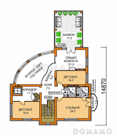 Проект четырехэтажного дома с необычной формой в плане, двусветной гостиной и бассейном / План 2 этажа Проект четырехэтажного дома с необычной формой в плане, двусветной гостиной и бассейном / План 2 этажа
