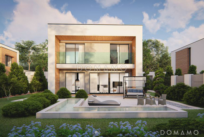 Проект загородного дома с плоской крышей, кладовой под лестницей, вытянутой ванной на втором этаже Проект загородного дома с плоской крышей, кладовой под лестницей, вытянутой ванной на втором этаже