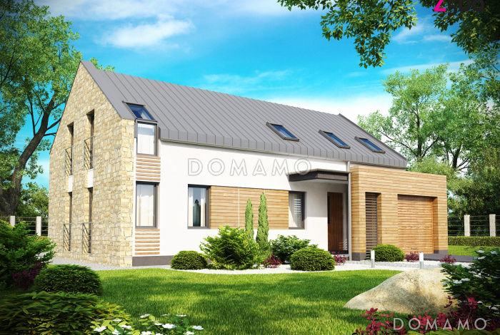 Проект современного мансардного дома из кирпича с пятью комнатами и гаражом