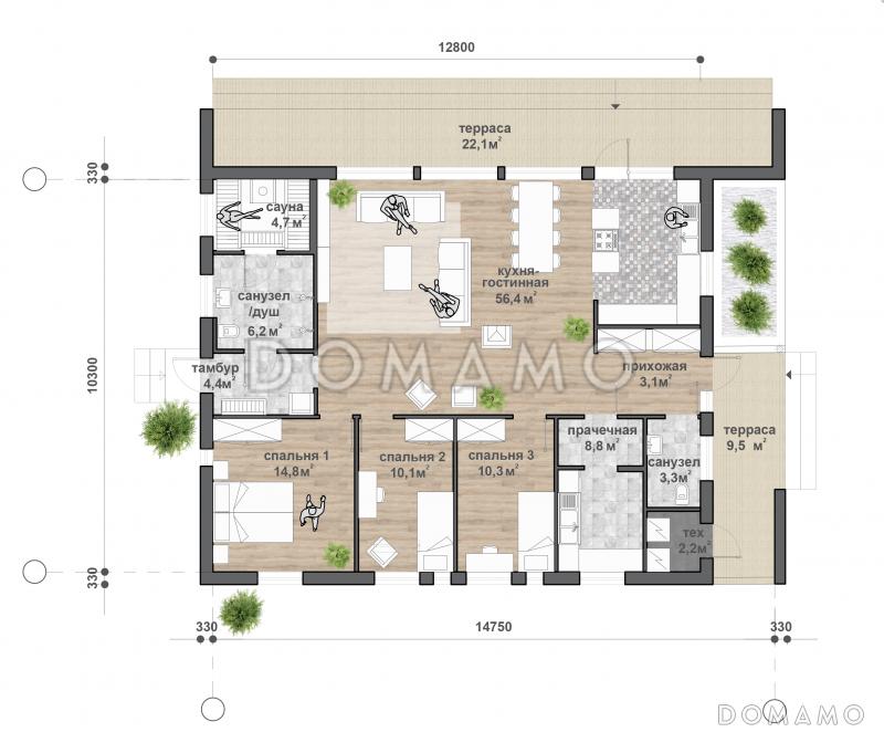 C-174 одноэтажный дом / План 1 этажа