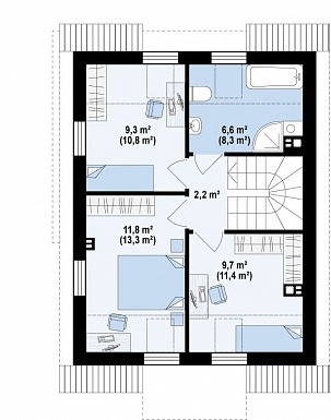 Проект компактного одноэтажного мансардного дома из газобетона с просторной светлой гостиной / План мансардного этажа Проект компактного одноэтажного мансардного дома из газобетона с просторной светлой гостиной / План мансардного этажа
